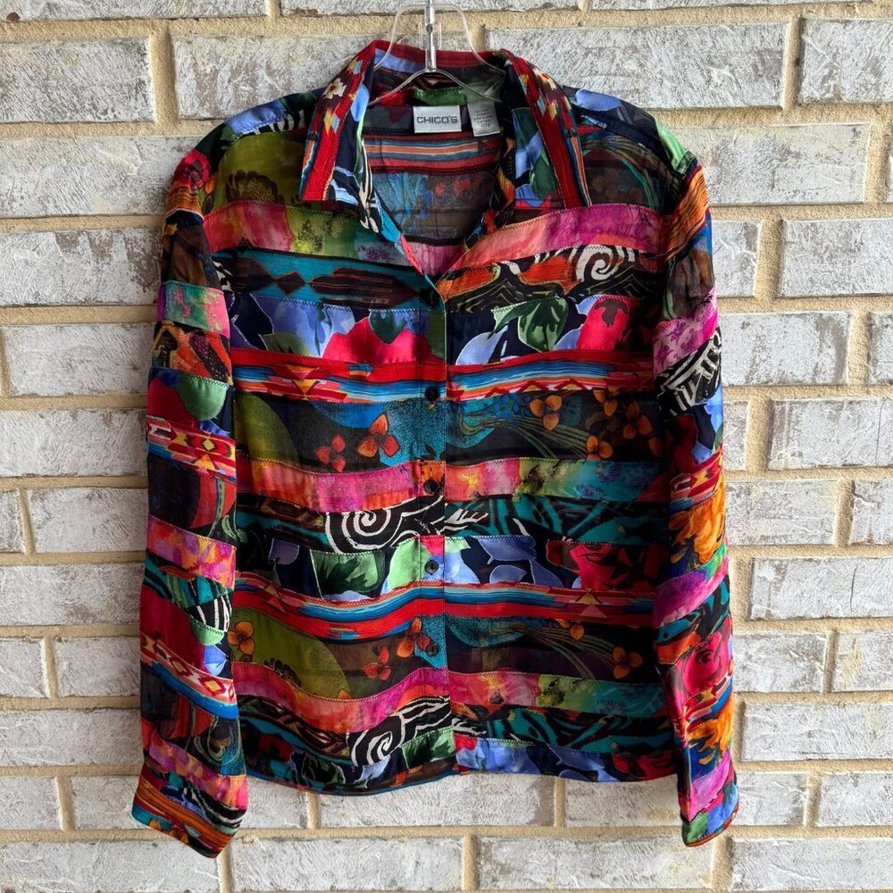 Chico's Silk Blend Patchwork Button Up Sheer Blou… - image 1